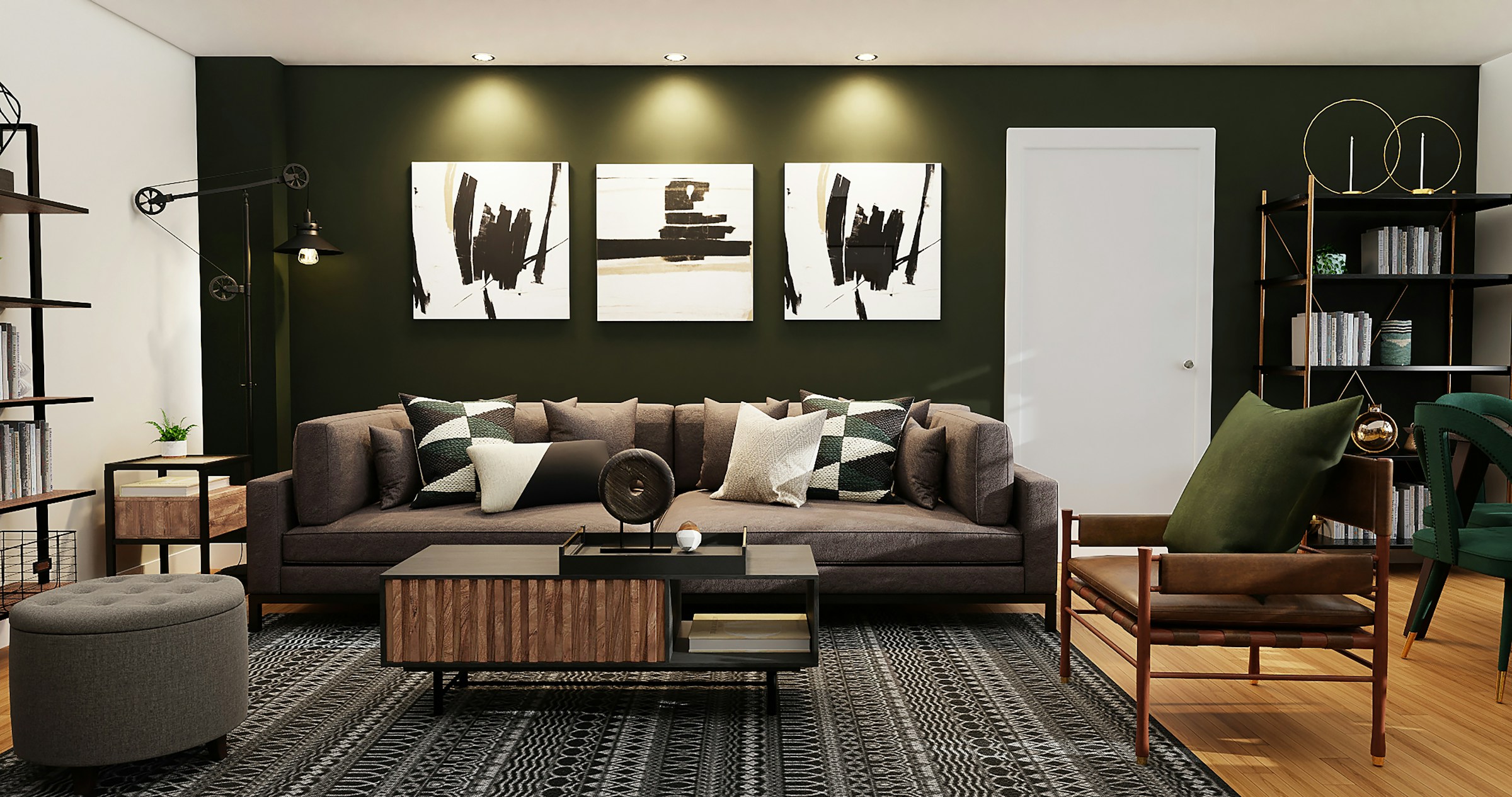 A warm, layered living room — wood, fabric, considered light
